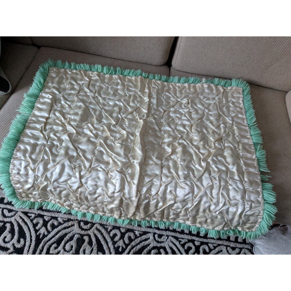 Handmade vintage baby quilt, embroidered pom poms and embroidered satin and